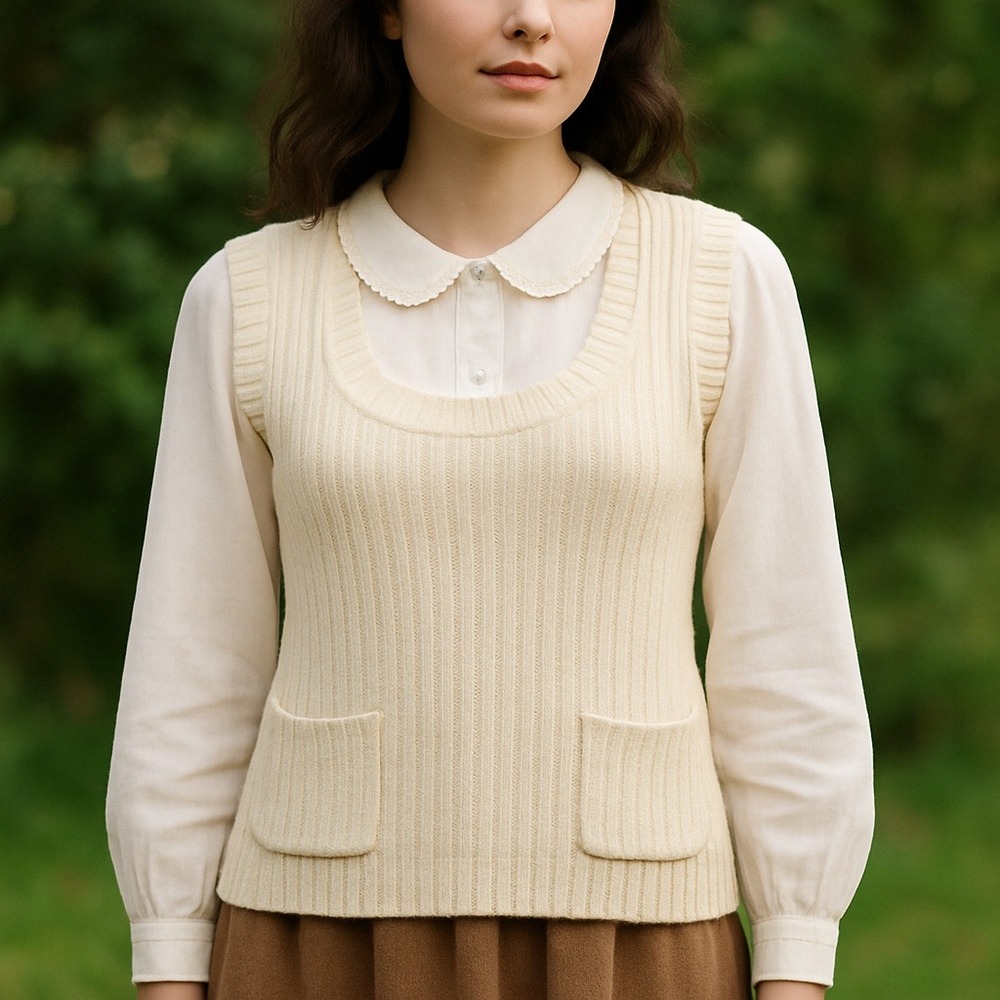 Vintage 70s College Town Cream Knit Sweater‎ Vest Preppy Cottagecore Layering M